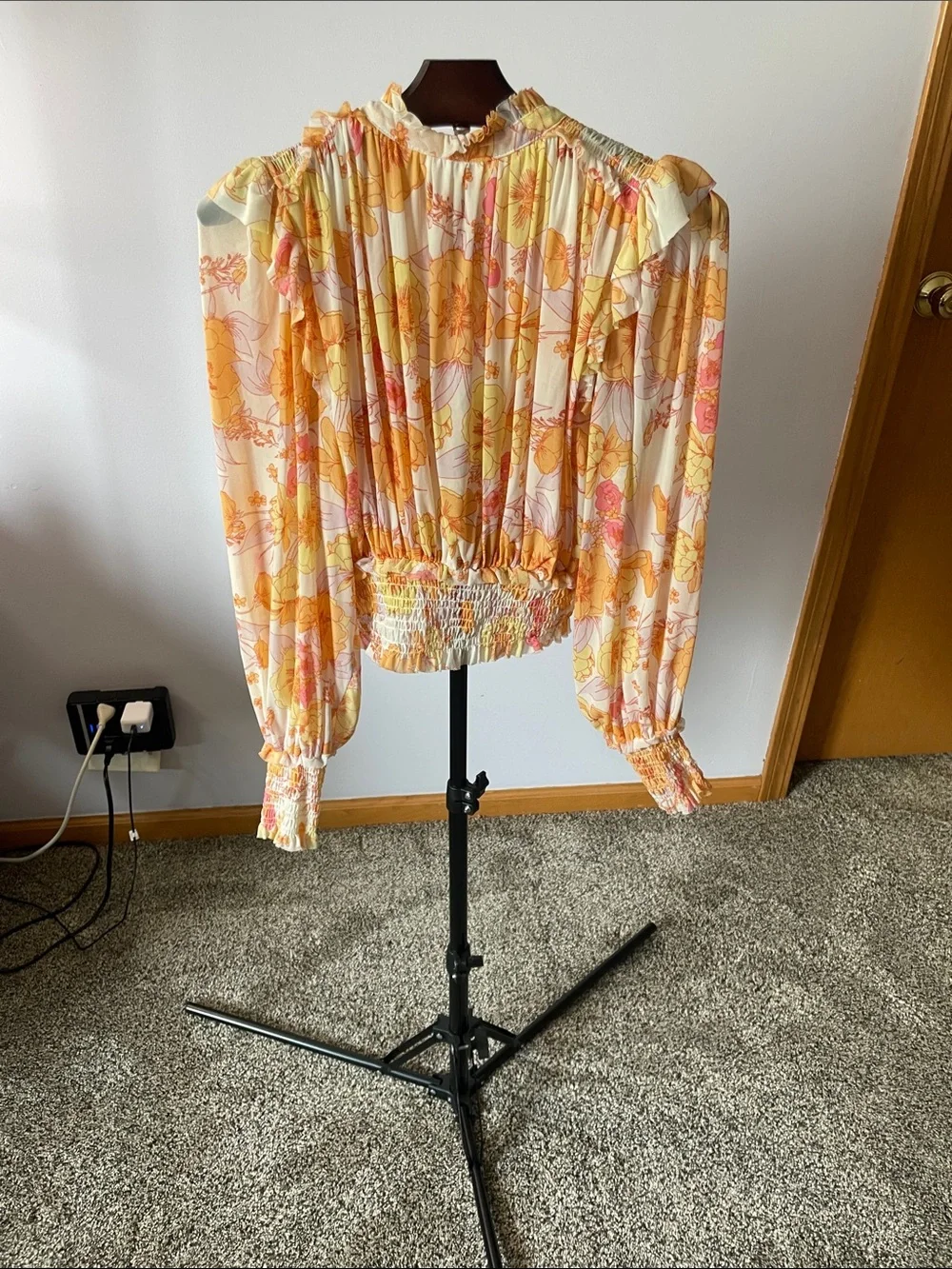 Free People Floral Smocked Tie-Neck Blouse - Yellow Pink